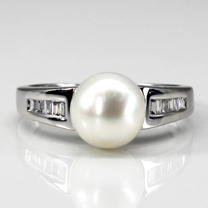 men’s and women’s matching rings -Baguette Diamond & Pearl Ring | 0.15ctw | SZ 5 |