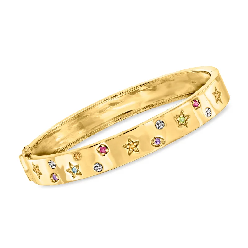 adjustable bangles for women -Ross-Simons Multi-Gemstone Star Bangle Bracelet With Diamond Accents in 18kt Gold Over Sterling