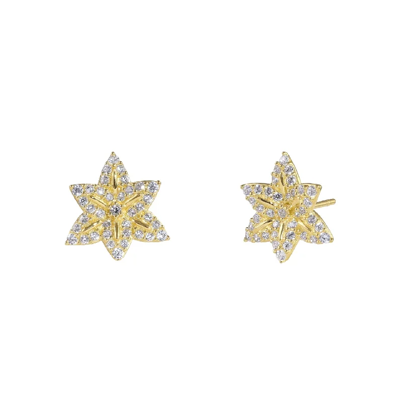 women’s pearl stud earrings -romantic earrings for women -Solid 14K Gold 6-Petal Flower CZ Earrings