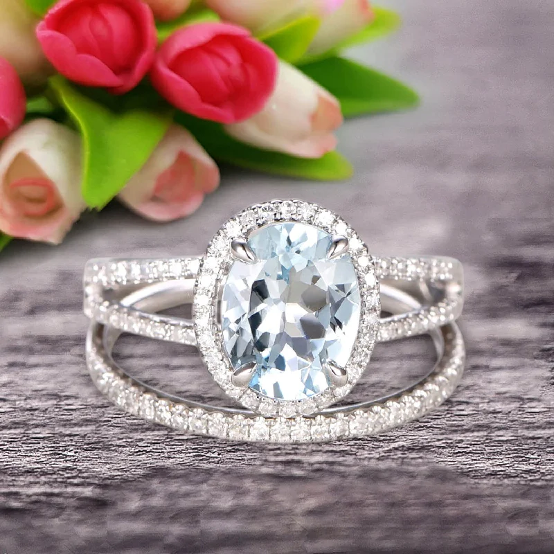 simple engagement rings for women -simple engagement rings for women -Oval Shape Blue Gemstone With Split Shank Halo Design 1.75 Carat Aquamarine Engagement Ring Bridal Set Anniversary Gift On 10k White Gold