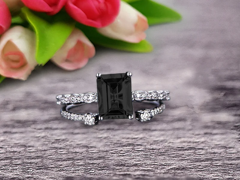 oval cut engagement rings for women -oval cut engagement rings for women -1.50 Carat Emerald Cut 10k White Gold Black Diamond Moissanite Engagement Ring Bridal Set