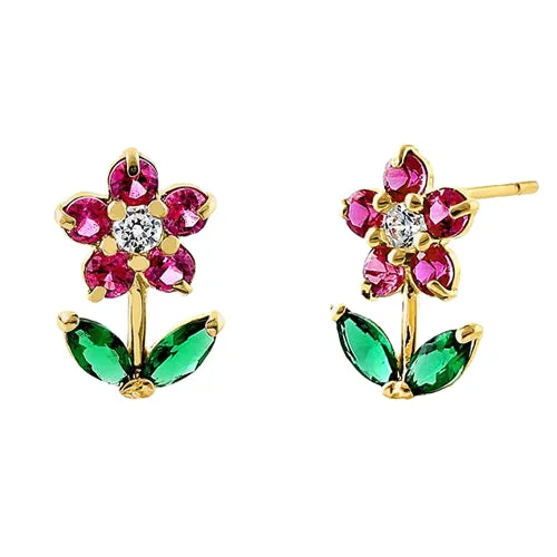 elegant drop earrings for women -colorful earrings for casual wear -Solid 14K Yellow Gold Flower Ruby Emerald Clear CZ Earrings