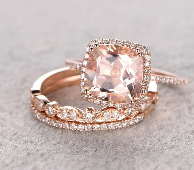 women’s engagement ring sets -women’s engagement ring sets -Cushion Cut 2.00 Carat Morganite Trio Wedding Bridal Ring Set With Moissanite Diamonds on 10k Rose Gold One Engagement Ring 2 Wedding Bands