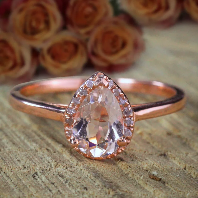 women’s stacked engagement rings -women’s stacked engagement rings -Classic Halo 1.25 Carat Pear Cut Solitaire Morganite And Diamond Moissanite Halo Engagement Ring 10k Rose Gold on Sale