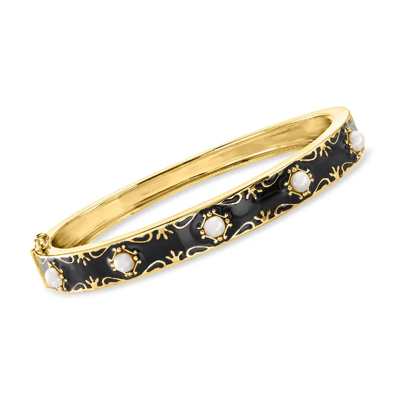 beaded bangles for women -Ross-Simons 3.5-4mm Cultured Button Pearl and Black Enamel Bangle Bracelet in 18kt Gold Over Sterling