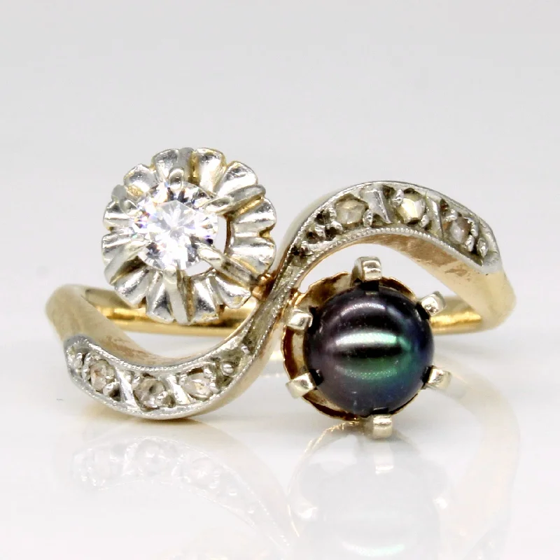 gold promise rings for women -Black Pearl & Diamond Bypass Ring | 0.15ct, 0.03ctw | SZ 5.5 |