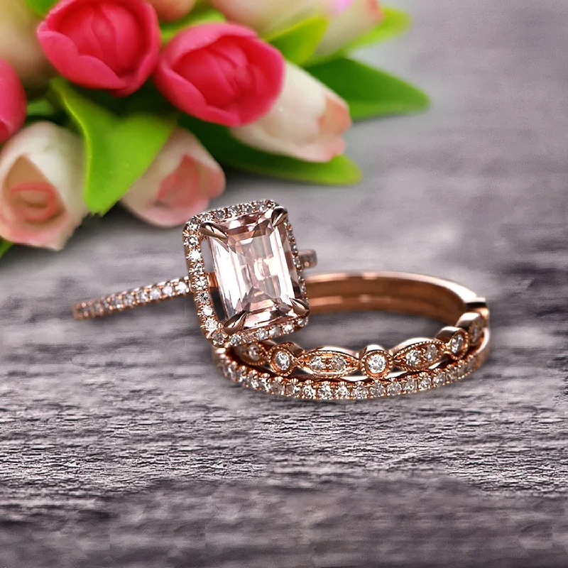 romantic proposal engagement rings -romantic proposal engagement rings -Milgrain 2 Carat Emerald Cut Morganite Wedding Set Engagement Ring 10k Rose Gold Art Deco Two Matching Band Anniversary Gift Glaring Staggering Ring