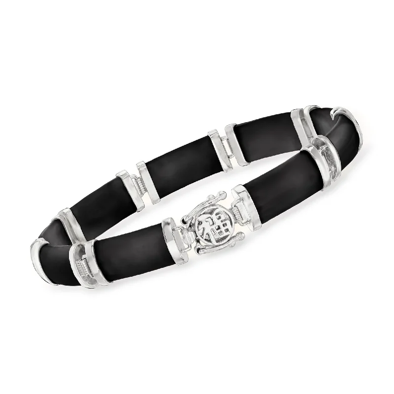 adjustable bangles for women -Ross-Simons Black Agate "Good Fortune" Bracelet in Sterling Silver