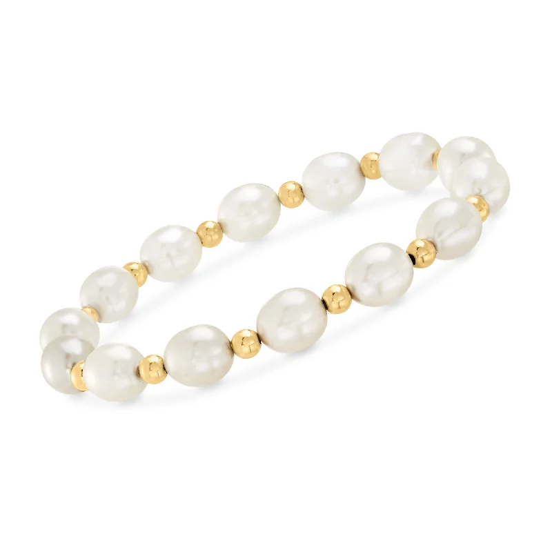 boho chic bangles for women -Ross-Simons 8-9mm Cultured Pearl and 14kt Yellow Gold Bead Bracelet