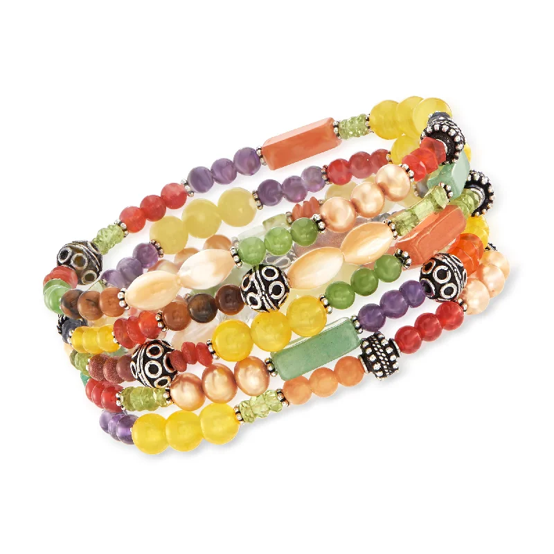 women’s adjustable cuff bracelets -Ross-Simons Set Of 5 Multi-Stone and Sterling Silver Bali Bead Stretch Bracelets