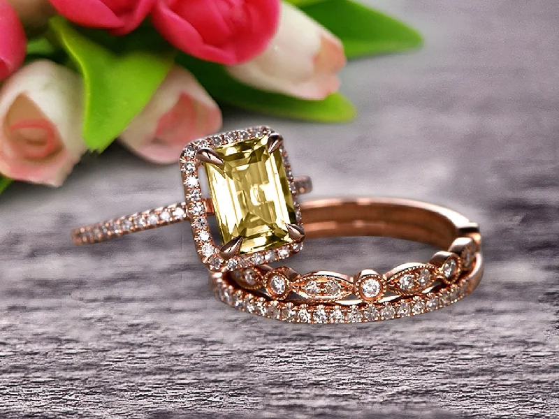 romantic proposal engagement rings -romantic proposal engagement rings -Milgrain 2 Carat Emerald Cut Champagne Diamond Moissanite Wedding Set Engagement Ring 10k Rose Gold Art Deco Two Matching Band Anniversary Gift Glaring Staggering Ring