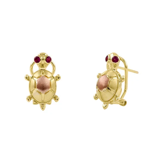 sterling silver hoop earrings -sterling silver hoop earrings -Solid 14K Yellow Gold Turtle Ruby CZ Earrings