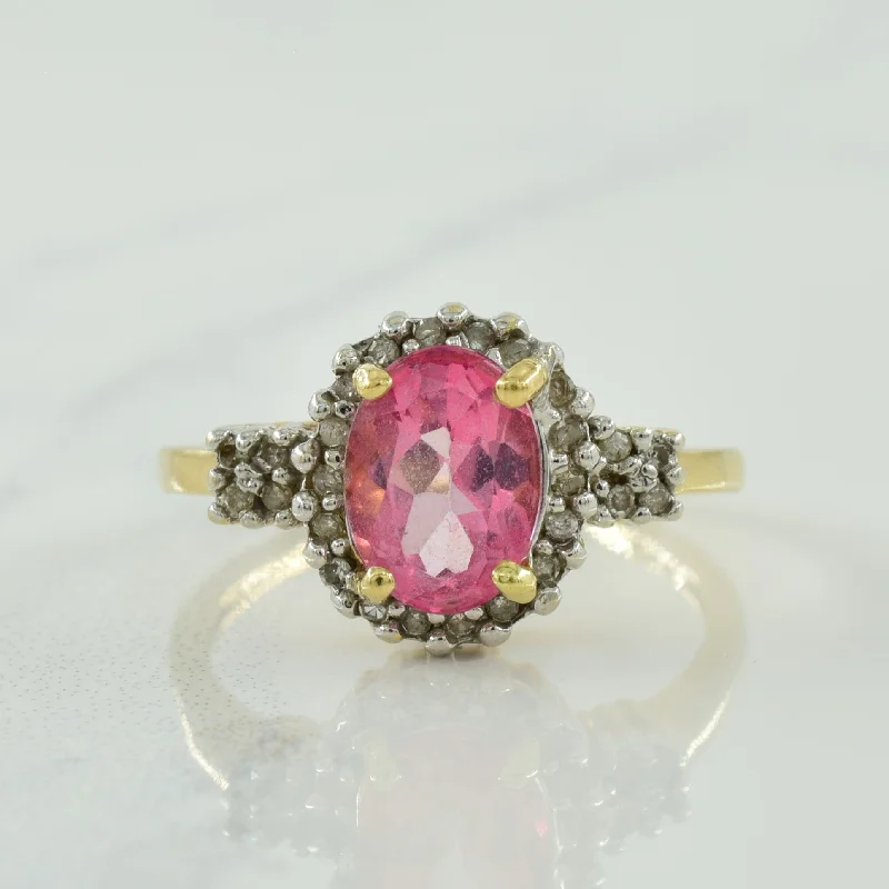 silver wedding rings for women -Coated Pink Topaz & Diamond Halo Ring | 1.36ct, 0.13ctw | SZ 6 |