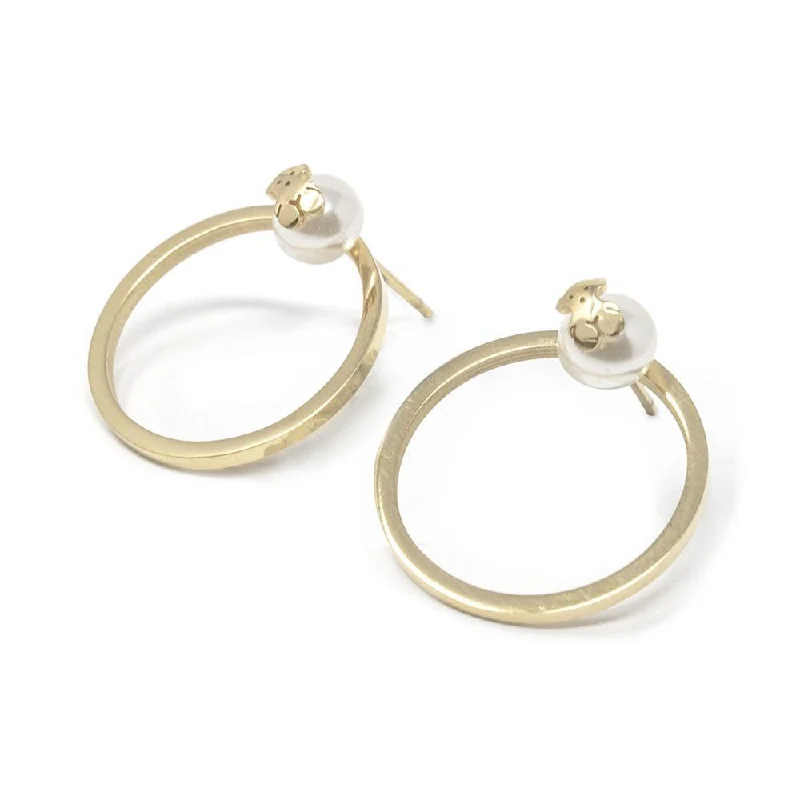 trendy stud earrings for women -gold hoop earrings for women -Stainless Steel Bear Circle Pearl Post Earrings Gold Plated