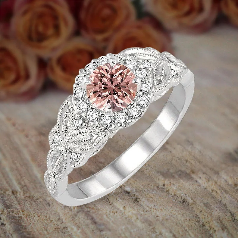 elegant engagement rings -elegant engagement rings -1.25 Carat Morganite Round Cut Diamond Moissanite Engagement Ring in 10k White Gold Ring Huge Desinger Sale