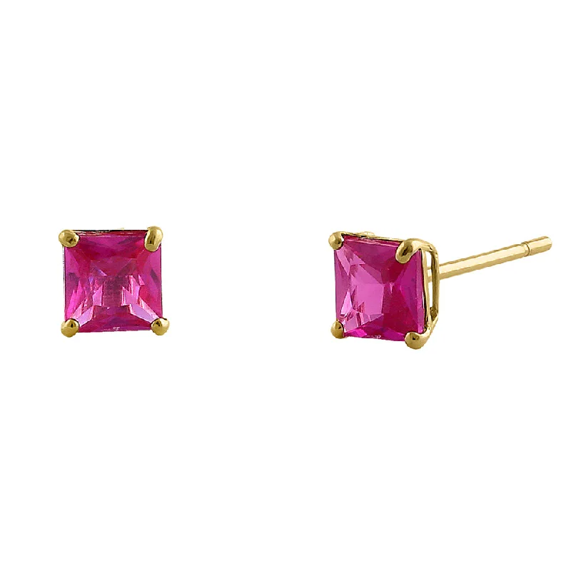 silver earrings with gemstones -floral earrings for women -.78 ct Solid 14K Yellow Gold 4mm Princess Cut Ruby CZ Earrings