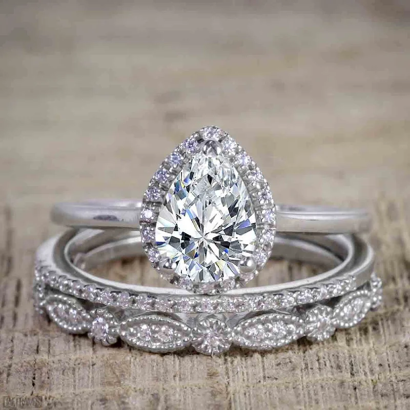 romantic proposal engagement rings -romantic proposal engagement rings -Best Selling Halo Design Pear Cut 2.50 Carat Moissanite Diamond Wedding Trio Engagement Ring Set in White Gold