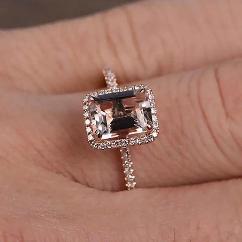 women’s unique gemstone engagement rings -women’s unique gemstone engagement rings -1.50 Carat Peach Pink Morganite Emerald Cut Diamond Moissanite Halo Engagement Ring 10k Rose Gold