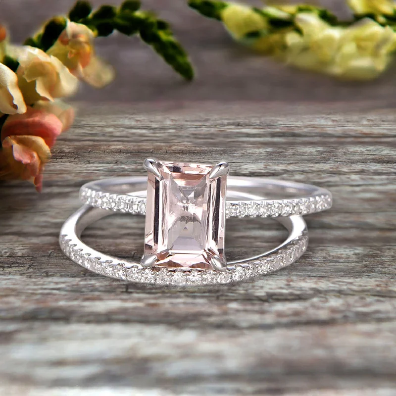 women’s engagement rings with diamonds -women’s engagement rings with diamonds -1.50 Carat Surprisingly Morganite Engagement Ring On 10k White Gold Bridal Set Emerald Cut Thin Pave Stacking Band Art Deco