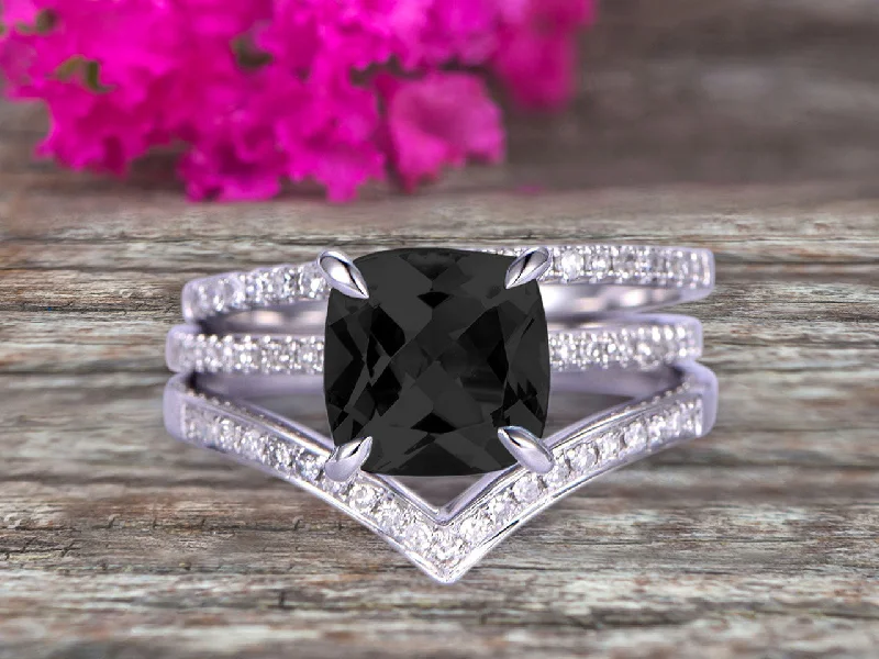 bespoke engagement rings -bespoke engagement rings -Stunning Cushion Cut Black Diamond Moissanite Engagement Ring On 10k White Gold V Shape Wedding Band 3pcs Wedding Ring Set Total Carat Weight 1.75