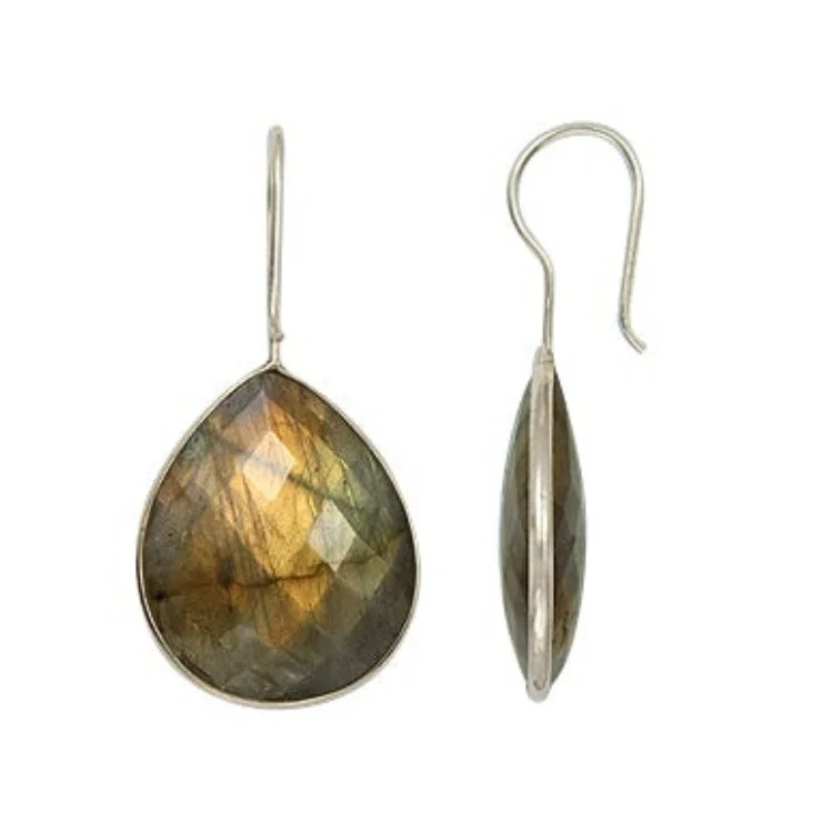 women’s birthstone earrings -stud and hoop earrings for women -Sterling Silver Bezelled Earrings Labradorite Pear 24 x 20mm