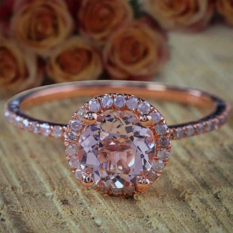 women’s unique gemstone engagement rings -women’s unique gemstone engagement rings -Huge Sale Classic Halo Art Deco 1.50 Carat Round Cut Morganite And Diamond Moissanite Halo Engagement Ring in 10k Rose Gold