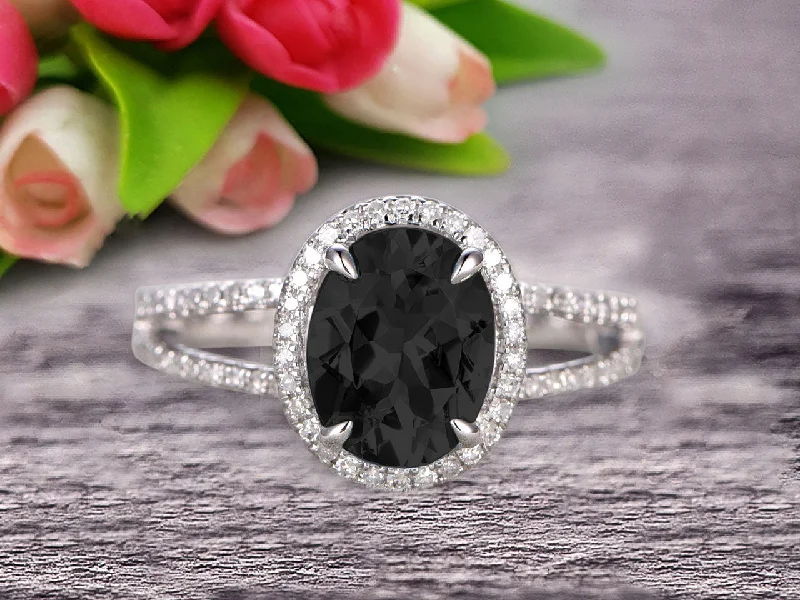 vintage style engagement rings -vintage style engagement rings -1.50 Carat Oval Shape Gemstone With Split Shank Halo Design Black Diamond Moissanite Engagement Ring Wedding Ring Anniversary Gift On 10k White Gold