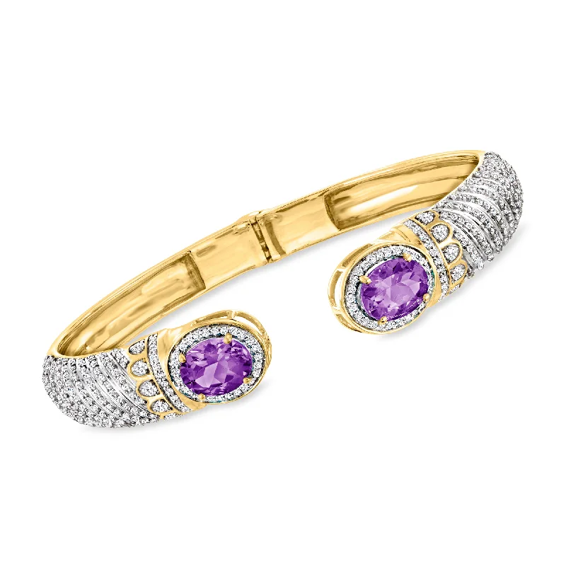 chic gemstone bangles -Ross-Simons Amethyst and White Topaz Cuff Bracelet in 18kt Gold Over Sterling