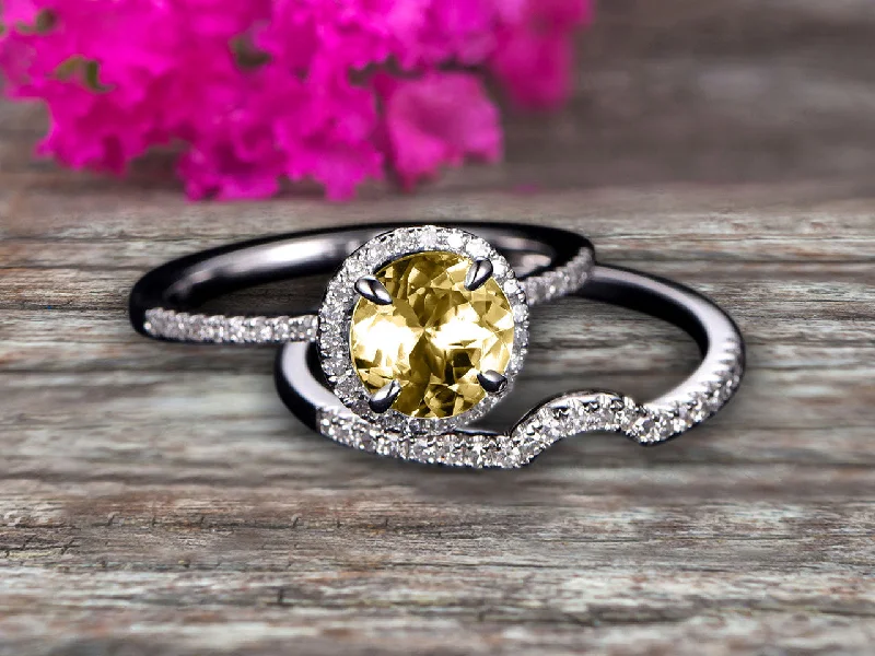 alternative gemstone engagement rings -alternative gemstone engagement rings -Round Cut 1.75 Carat Champagne Diamond Moissanite Engagement Ring Set With Curved Matching Band 10k White Gold Bridal Ring Set