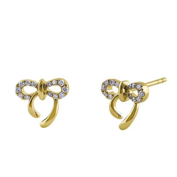 gemstone dangling earrings -bridal stud earrings for women -Solid 14K Yellow Gold Bow Diamond Earrings