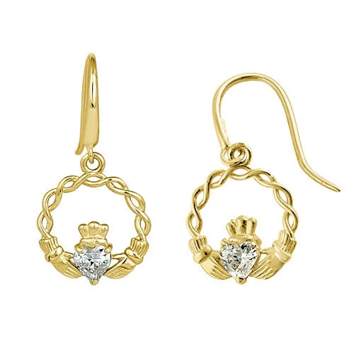 trendy earrings for women -fashion earrings for women -Solid 14K Yellow Gold Claddagh CZ Hook Earrings