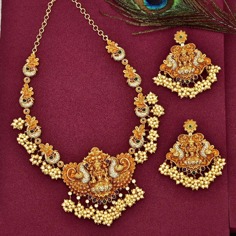 fashion-forward necklaces for women -simple necklaces for women -Lakshmi Devi Antique Guttapusalu Necklace Set