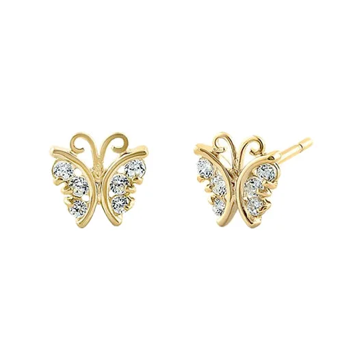 women’s pearl stud earrings -romantic earrings for women -Solid 14K Yellow Gold Butterfly Clear CZ Earrings