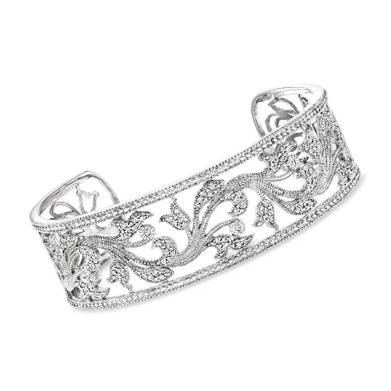 beautiful wedding bangles -Ross-Simons Diamond Floral Filigree Cuff Bracelet in Sterling Silver