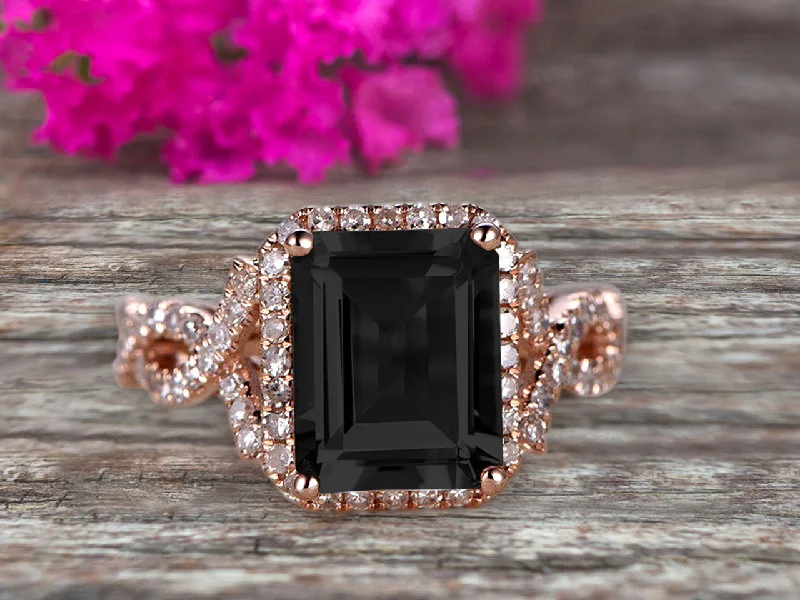 romantic engagement rings for women -romantic engagement rings for women -1.50 Carat Emerald Cut Black Diamond Moissanite Engagement Ring 10k Rose Gold Promise Ring for Bride or Anniversary Gift Startling Jewelry Twisted Across Design Halo Art Deco