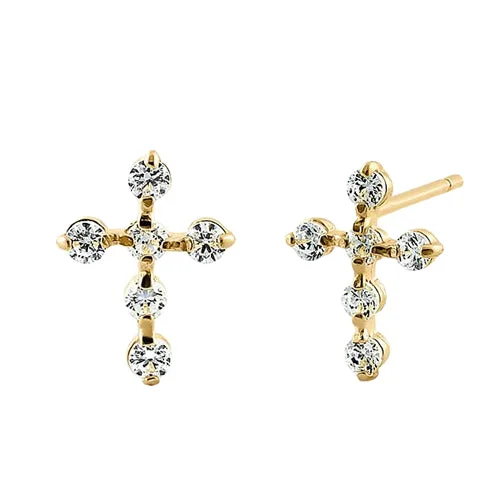 luxury gold earrings -luxury gold earrings -Solid 14K Yellow Gold Cross Clear CZ Earrings