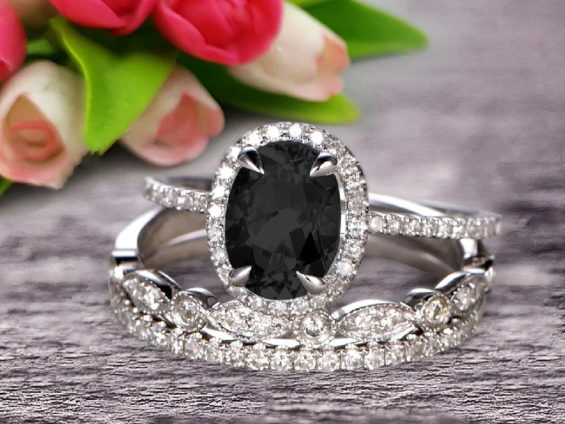 emerald and diamond engagement rings -emerald and diamond engagement rings -2 Carat Oval Cut Black Diamond Moissanite Wedding Anniversary Gift Engagement Ring On 10k White Gold With Matching Band Art Deco Vintage Look