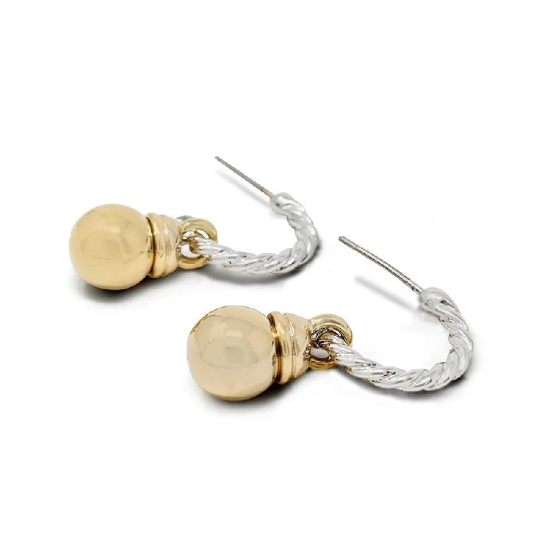 silver dangling earrings for women -modern silver earrings for women -Two Tone Cable Earrings Gold Plated Ball