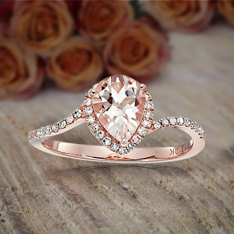 stackable engagement rings -stackable engagement rings -1.25 Carat Peach Pink Morganite Pear Cut And Diamond Moissanite Engagement Ring in 10k Rose Gold