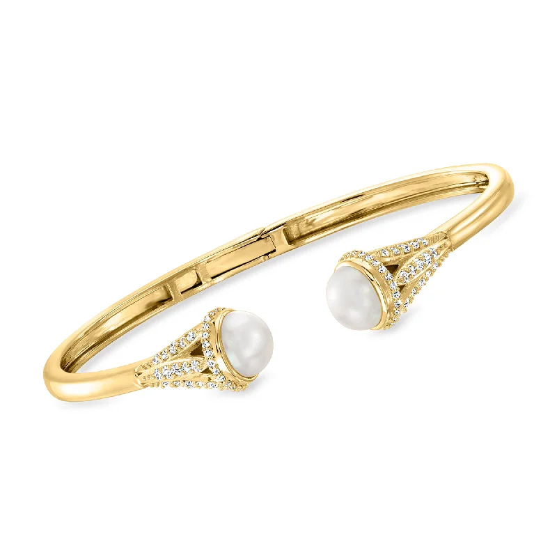 chic women’s bangles -Ross-Simons 8mm Cultured Pearl and . White Topaz Cuff Bracelet in 18kt Gold Over Sterling. 7 inches