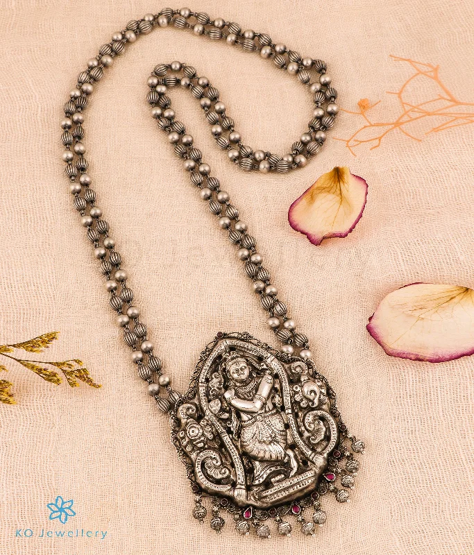 luxury pendant necklaces for women -sterling silver necklaces for women -The Yadhunandana Silver Krishna Beads Nakkasi Necklace