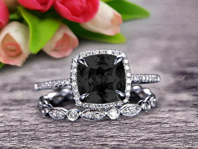 women’s diamond solitaire engagement rings -women’s diamond solitaire engagement rings -1.75 Carat Cushion Cut Vintage Looking Black Diamond Moissanite Engagement Ring with Wedding Band on 10k White Gold