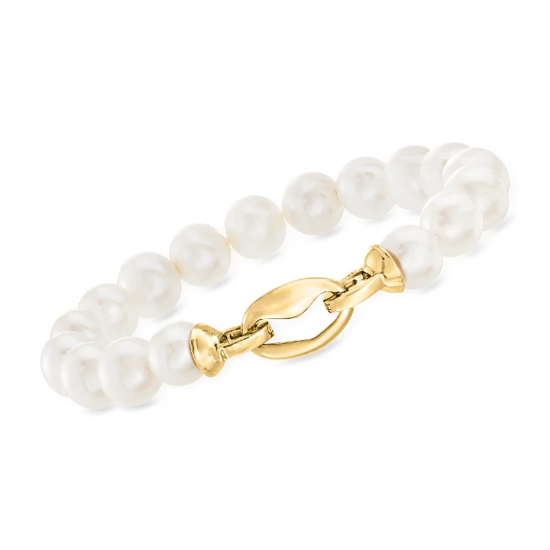 women’s statement bangles -Ross-Simons 9-10mm Cultured Pearl Link Bracelet in 18kt Gold Over Sterling