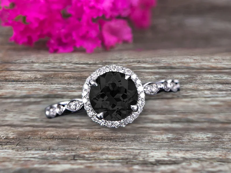 diamond wedding rings -diamond wedding rings -1.50 Carat Round Cut Black Diamond Moissanite Engagement Ring On 10k White Gold Art Deco Anniversary Gift