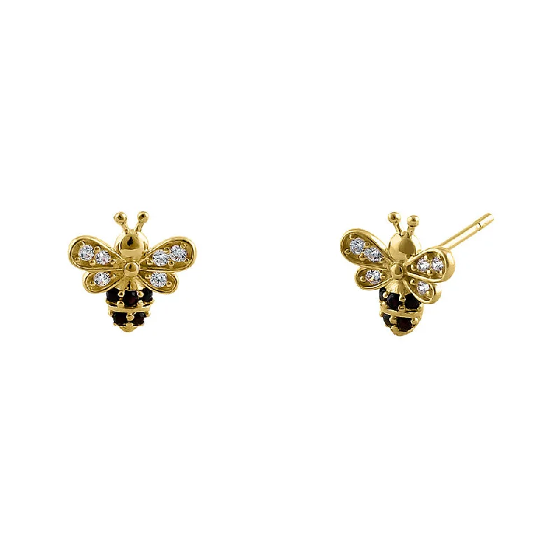 stylish earrings for women -unique earrings for women -Solid 14K Yellow Gold Honey Bee Black CZ Earrings