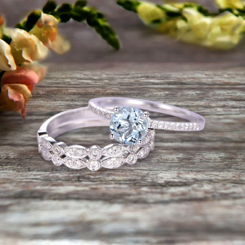 customized engagement rings -customized engagement rings -1.75 Carat 3Pcs Wedding Ring Set Aquamarine Engagement Ring Round Cut Art Deco 10k White Gold