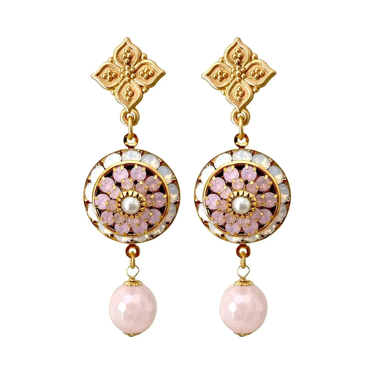 elegant drop earrings for women -colorful earrings for casual wear -Rosette Earrings - Pink Opal Swarovski Crystal Earrings