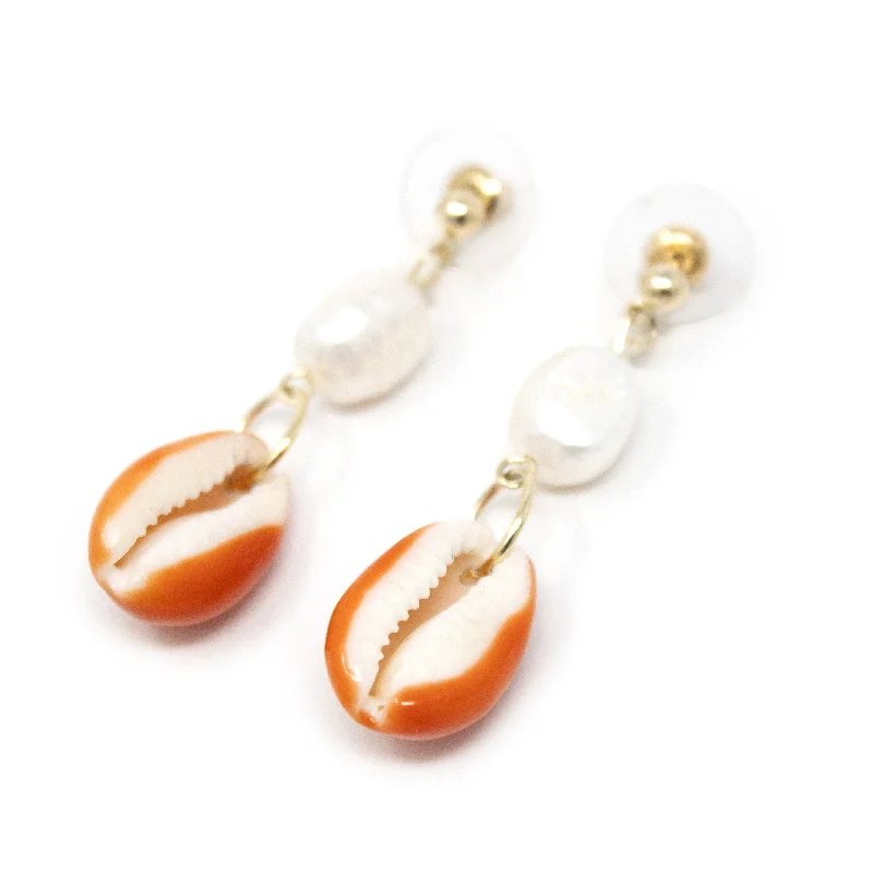 women’s birthstone earrings -stud and hoop earrings for women -Orange Cowry Pearl Drop Earrings Gold Tone