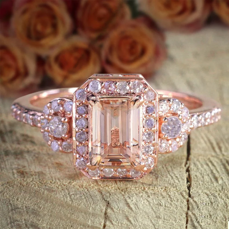 modern engagement rings for women -modern engagement rings for women -Limited Time Sale 1.25 Carat Morganite Emerald Cut Diamond Moissanite Engagement Ring 10k Rose Gold