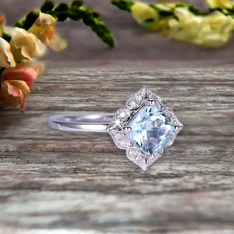 large diamond engagement rings -large diamond engagement rings -Cushion Cut 1.25 Carat Vintage Floral Aquamarine Engagement Ring On 10k White Gold Anniversary Gift Personalized for Brides